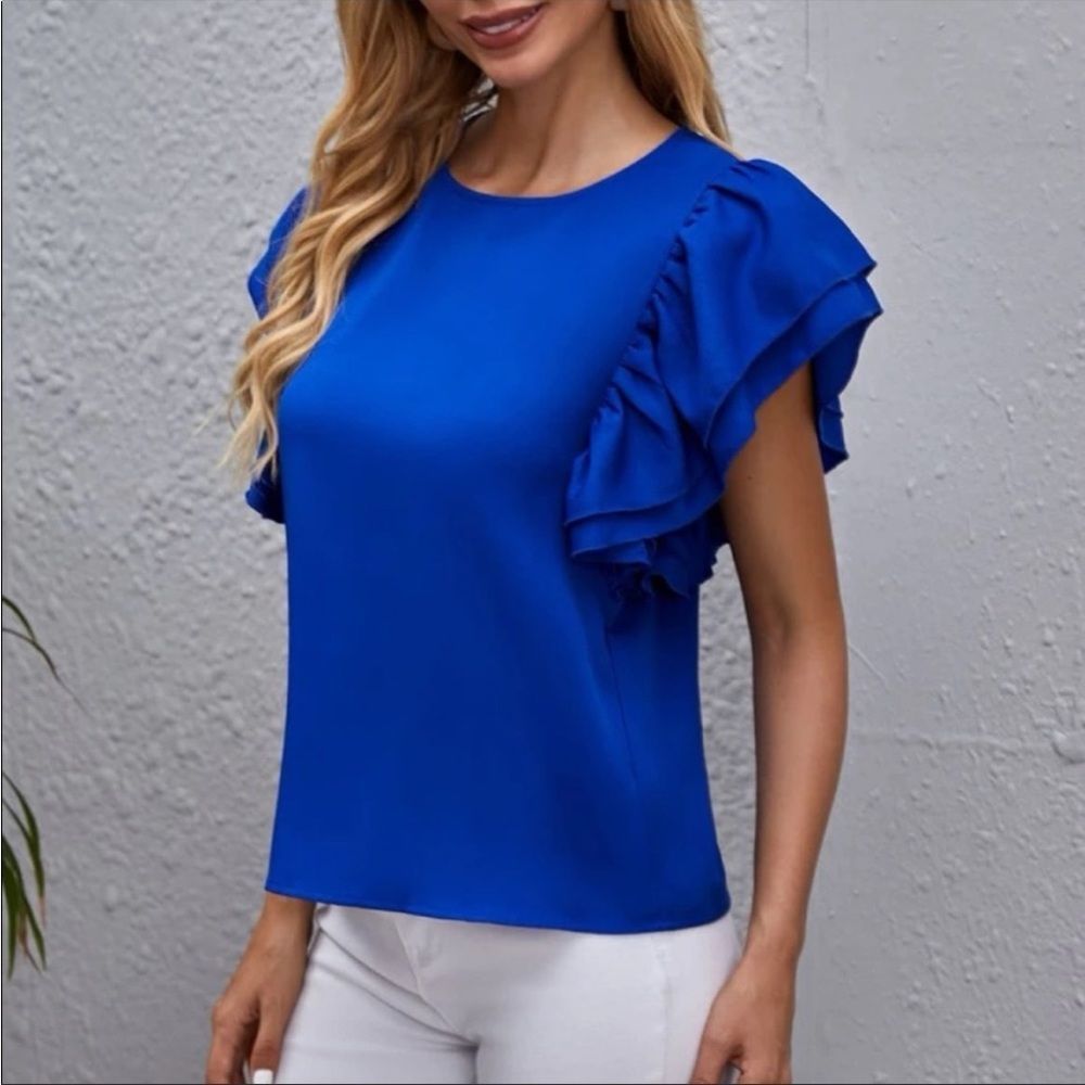 Royal Blue Butterfly Ruffle Sleeve Top - Picture 3 of 9